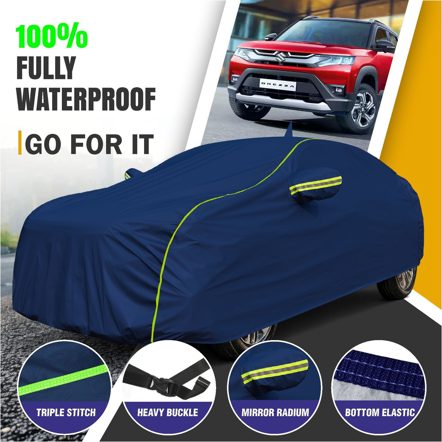 Image of OTO2EYE Car Cover For Maruti, Maruti Suzuki Brezza, Vitara Brezza (With Mirror Pockets)
