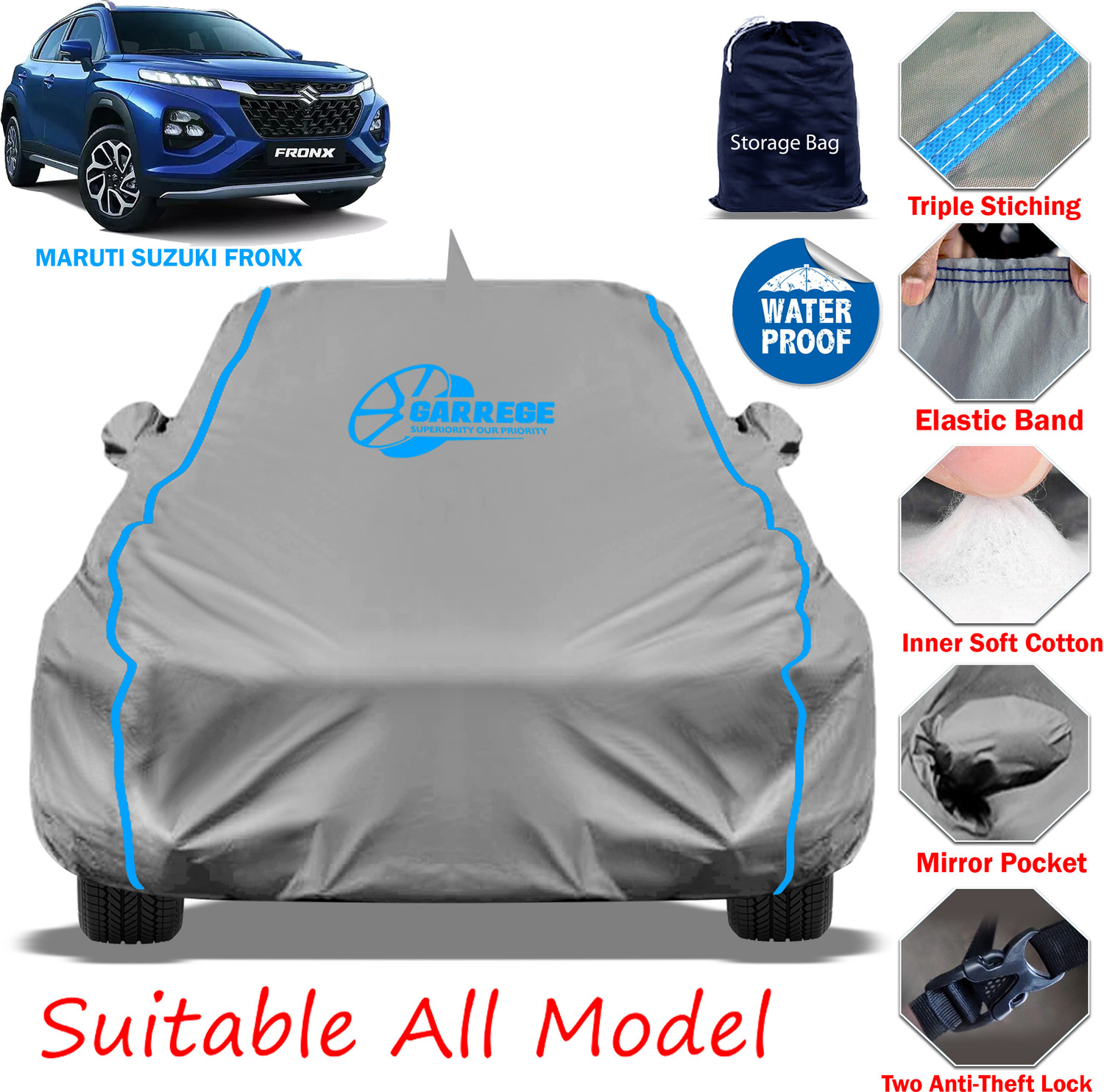 Image of GARREGE Car Cover For Maruti Fronx (With Mirror Pockets)