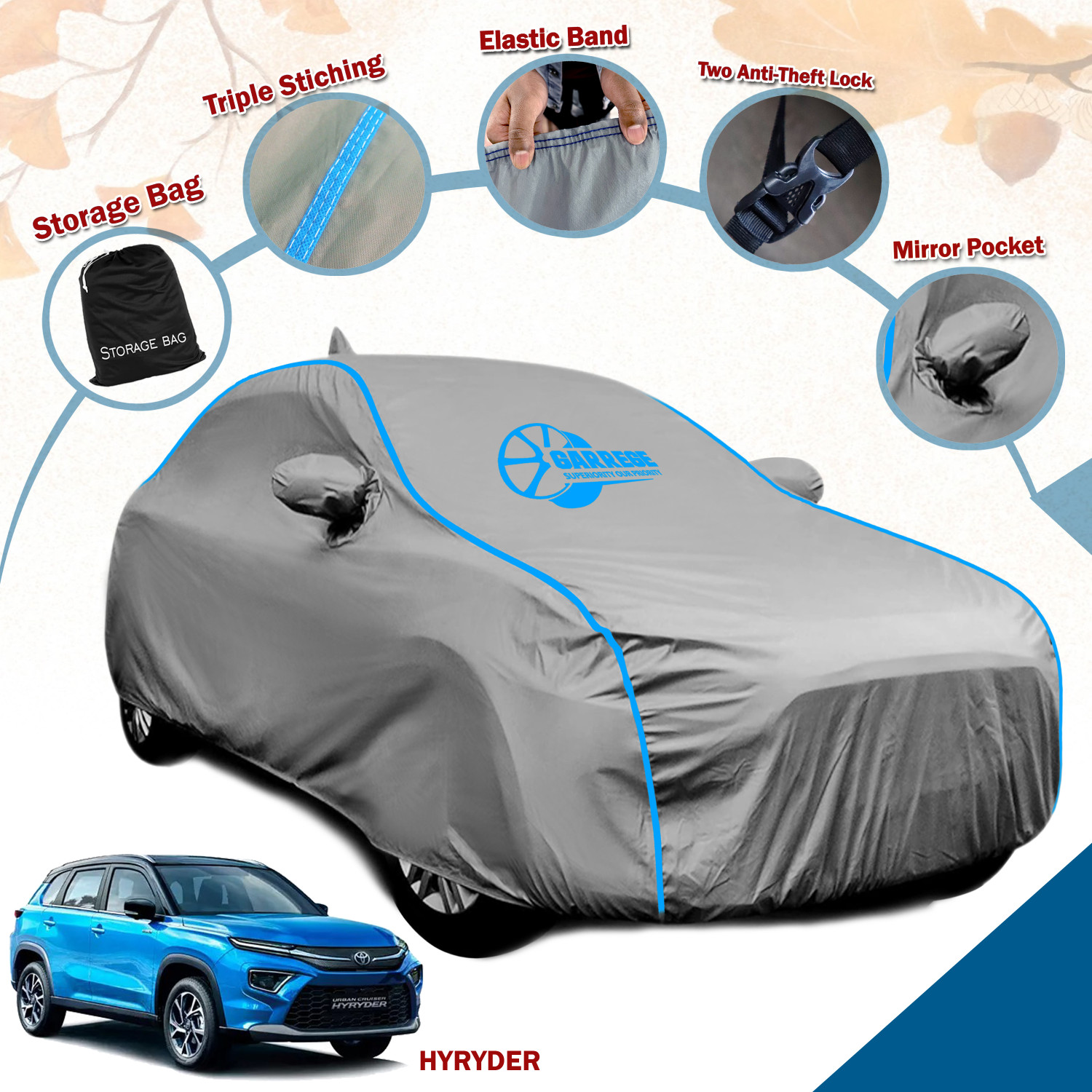Image of GARREGE Car Cover For Toyota Hyryder, Urban Cruiser Hyryder (With Mirror Pockets)