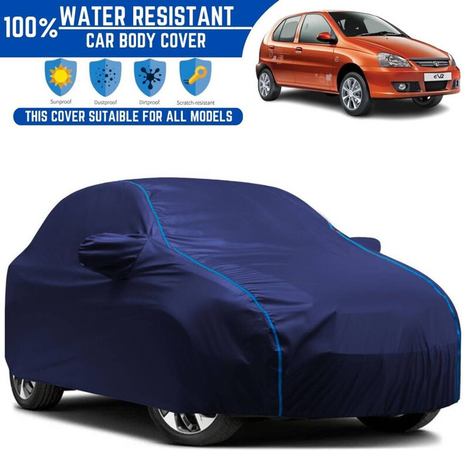 Amikan Car Cover For Tata Indica eV2, Indica eV2 Emax CNG GLS, Indica eV2 LS BSIII, Indica eV2 eLS, Universal For Car (With Mirror Pockets)