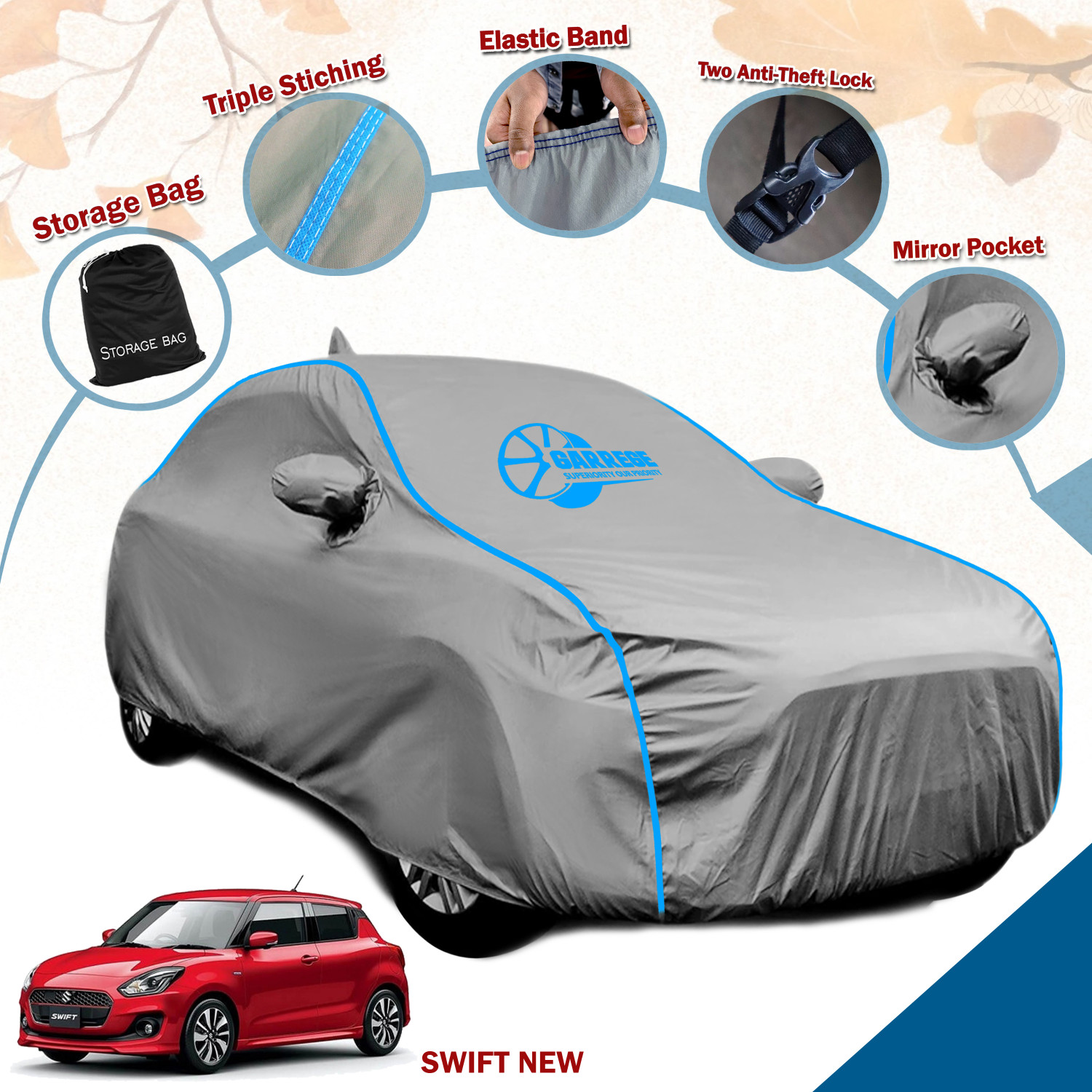 Image of GARREGE Car Cover For Maruti Swift (With Mirror Pockets)