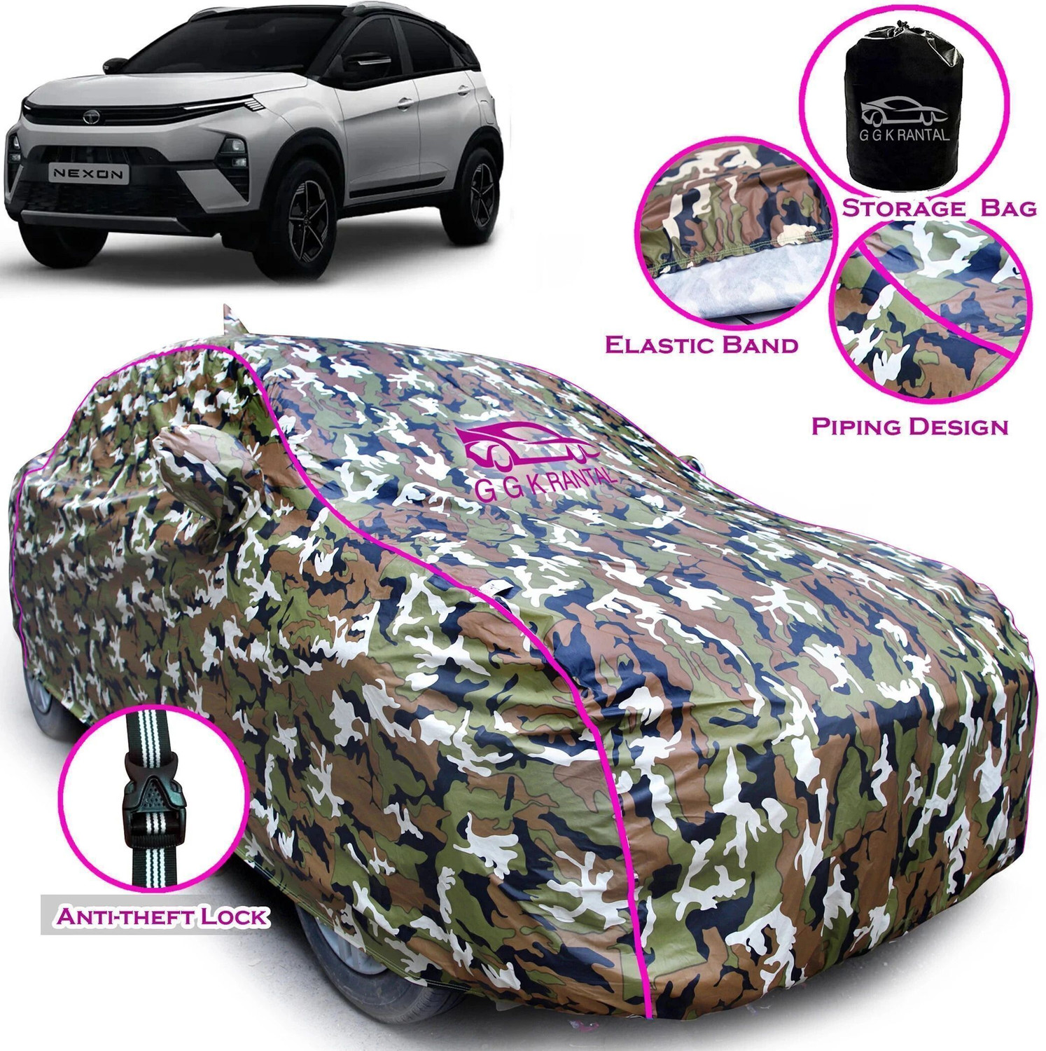 Image of G G K RANTAL Car Cover For Tata Nexon, Nexon AMT, Nexon EV XM, Nexon Facelift, Nexon XZ Plus Diesel, Nexon 1.2 Revotron XZ (With Mirror Pockets)