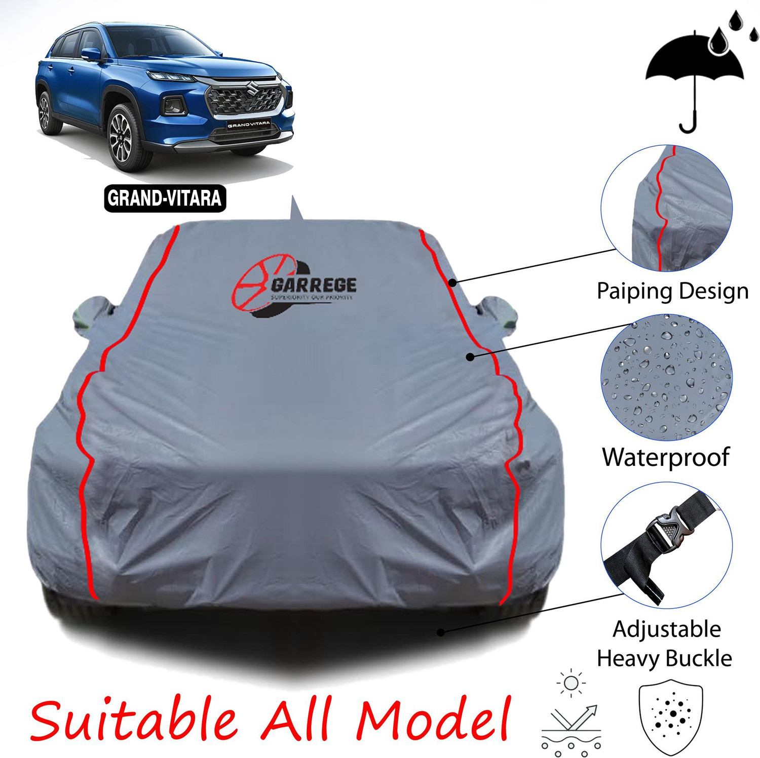 Image of GARREGE Car Cover For Maruti Suzuki Grand Vitara, Vitara, Grand Vitara ZDi Plus (With Mirror Pockets)