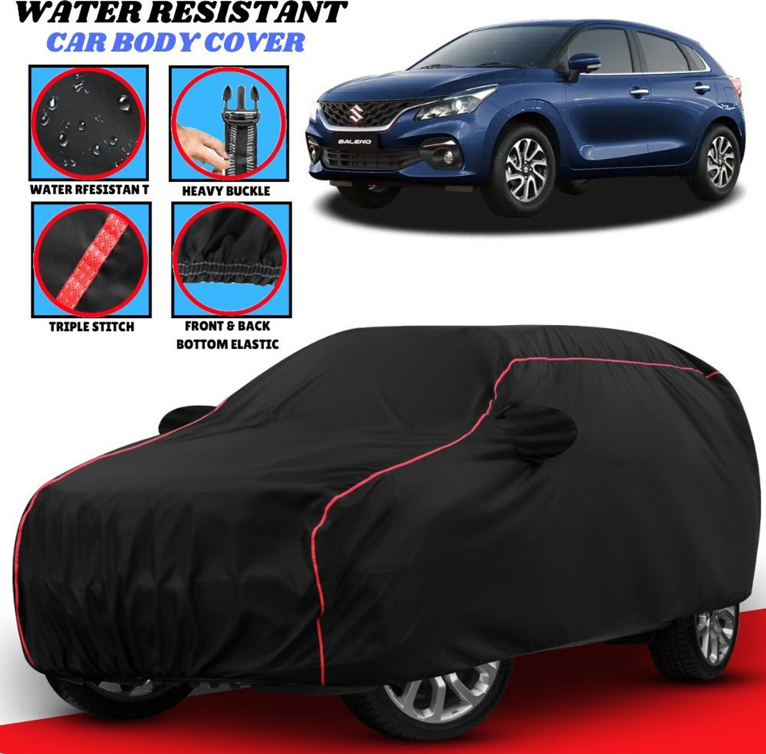 Image of Grizzly Car Cover For Maruti Suzuki Baleno, Baleno 1.2 Alpha, Baleno 1.2 CVT Delta, Baleno 1.2 CVT Zeta, Baleno 1.6i (With Mirror Pockets)
