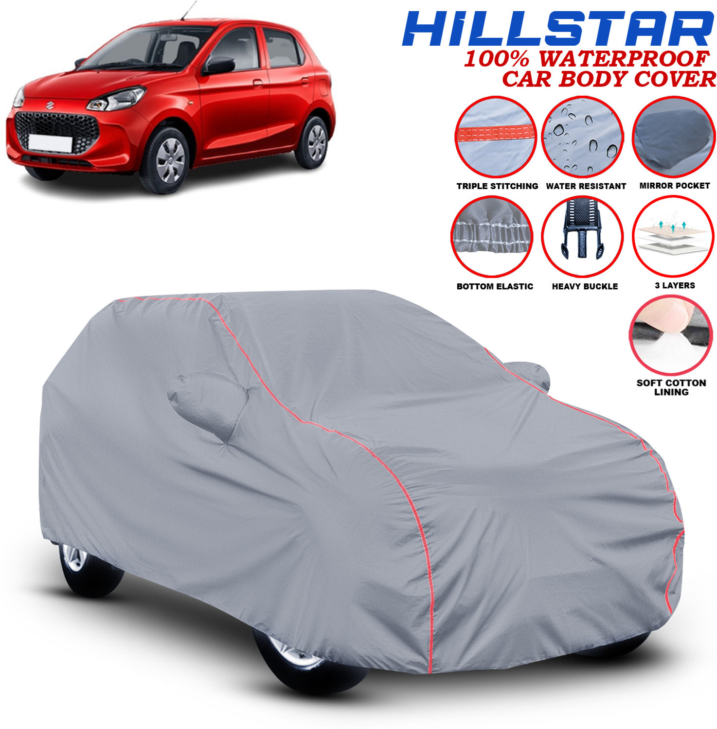 Image of HILLSTAR Car Cover For Maruti Suzuki Alto K10, Alto K10 0.8L 12C, Alto K10 LX, Alto K10 LX Optional, Alto K10 LX Petrol, Alto K10 LXI, Alto K10 LXI CNG, Alto K10 LXI CNG Optional, Alto K10 LXI Optional, Alto K10 LXI Petrol, Alto K10 VXI, Alto K10 VXI AGS, Alto K10 VXI AGS Optional, Alto K10 VXI AMT Petrol, Alto K10 VXI Option, Alto K10 VXI Optional Petrol, Alto K10 VXI Petrol (With Mirror Pockets)