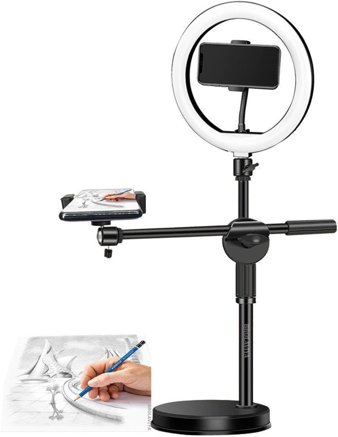 BROLAVIYA Overhead Video Floor Stand Ringlight with Mobile Bracket Mobile Holder