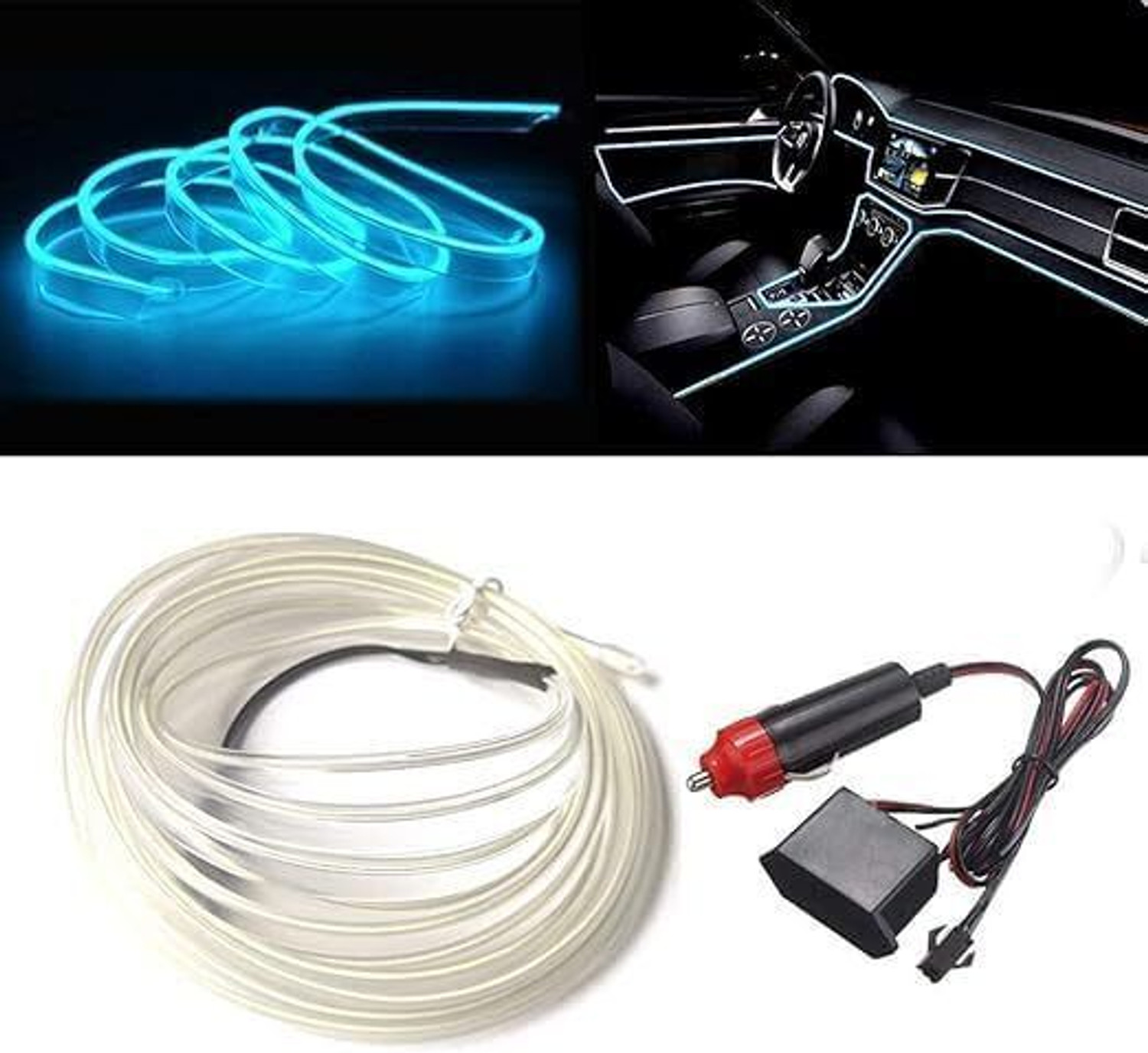 Image of Air Wink EL Wire Car Interior Light Ambient Neon Light for All Car Models with Power Adapter (5 Meter) (Ice Blue) Car Fancy Lights