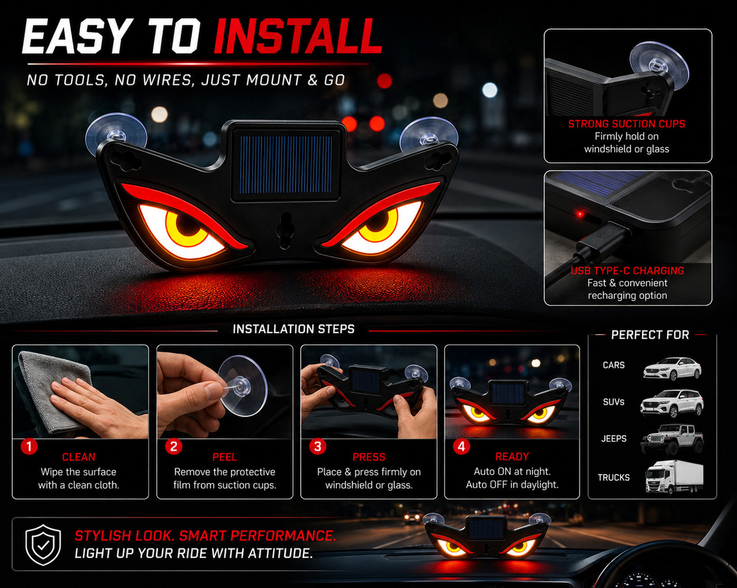 Image of BLYNK Solar Demon Eye LED Car Light USB Rechargeable Auto Sensor Universal Car Fancy Lights (Multicolor)