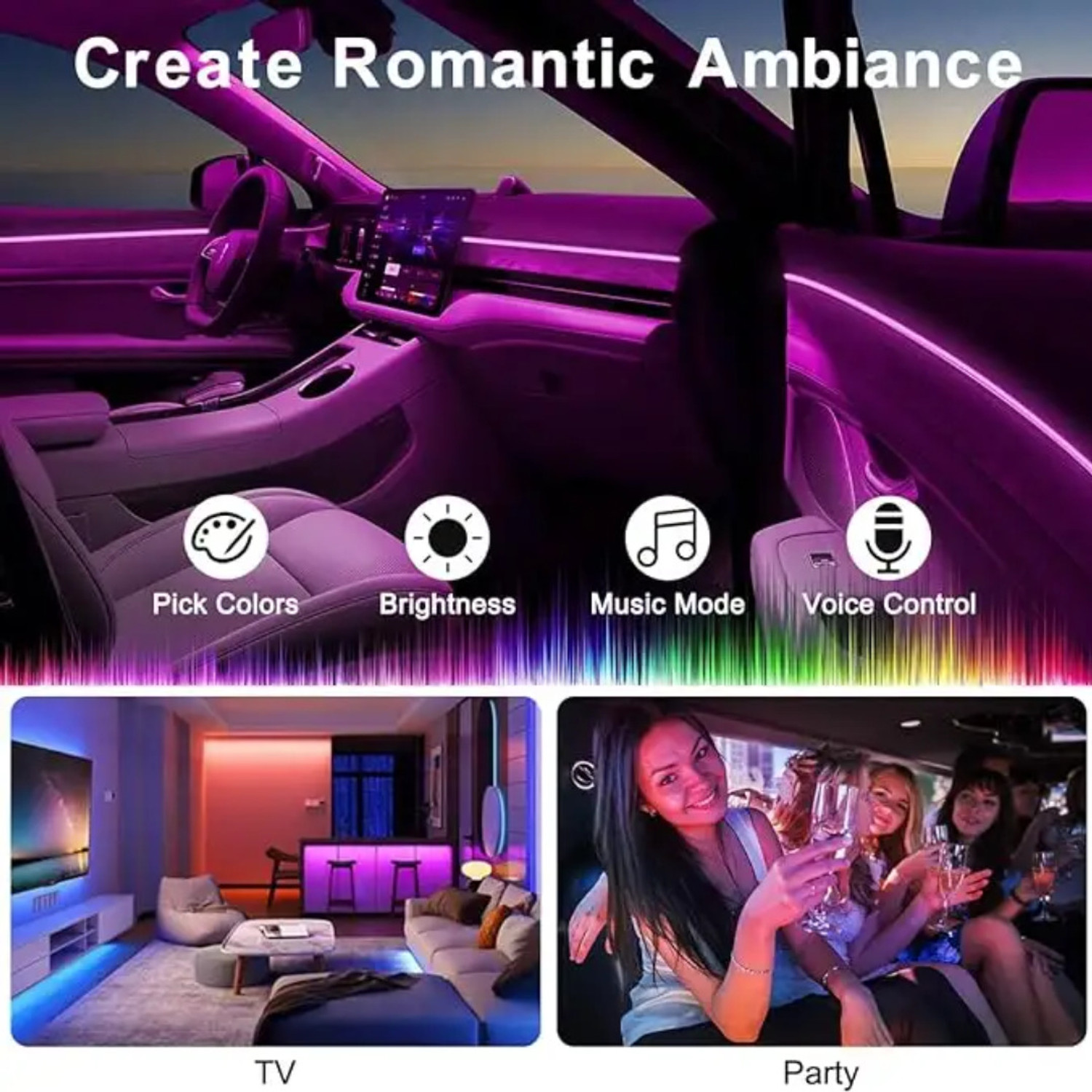 Image of AutoPowerz Multicolor 9 in 1 Car Interior Under Dash Vibe Ambience Atmosphere Neon Light Car Fancy Lights
