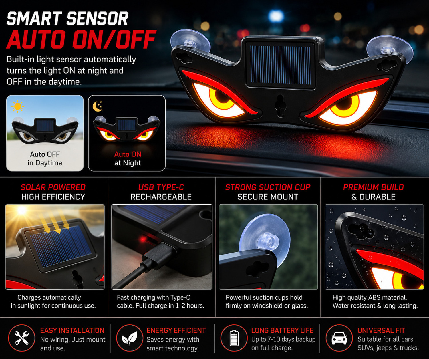 Image of BLYNK Solar Demon Eye LED Car Light USB Rechargeable Auto Sensor Universal Car Fancy Lights (Multicolor)