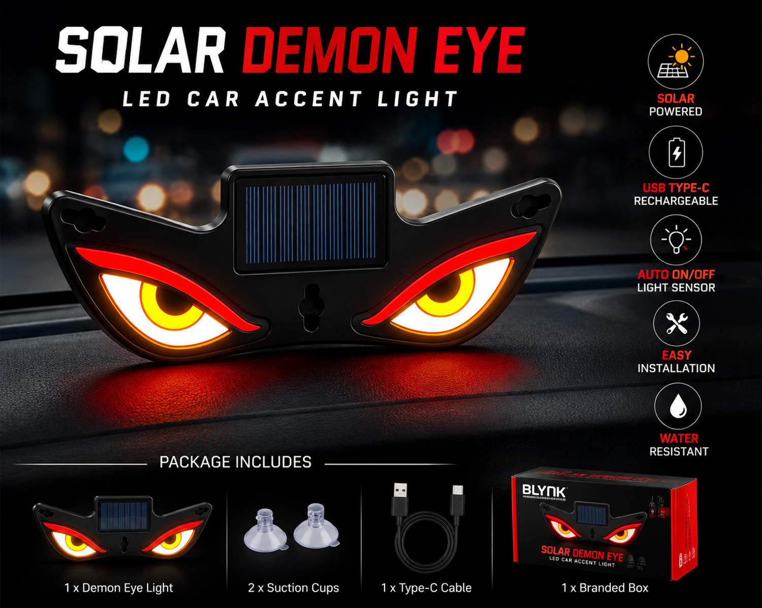 Image of BLYNK Solar Demon Eye LED Car Light USB Rechargeable Auto Sensor Universal Car Fancy Lights (Multicolor)