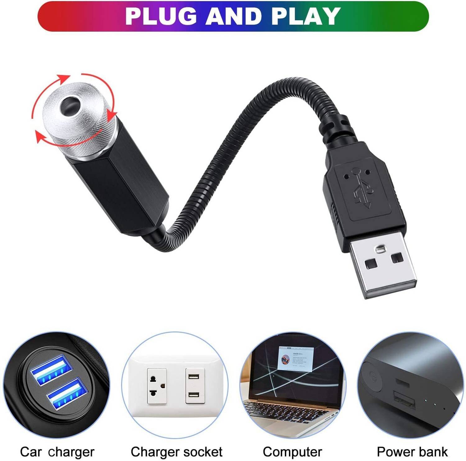 Campark USB Night Light Projector, Auto Roof Adjustable USB Night Lamp, Portable Atmosphere Decorations Star Lights for Car, Bedroom, Party, Walls, Ceiling (1 Pack) Car Fancy Lights