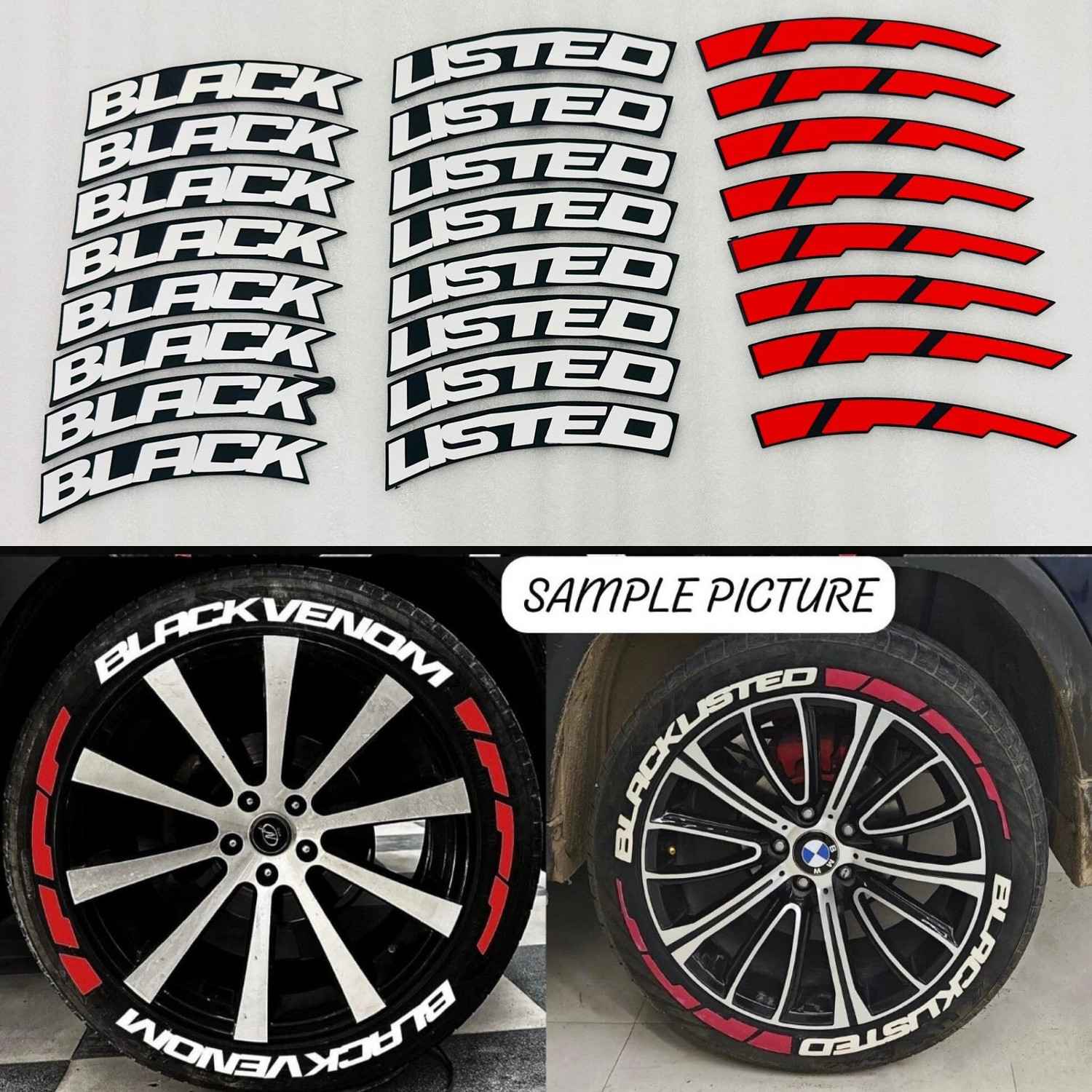 Image of Auto MT White-Red Blacklisted Tyre Sticker Permanent Rubber for 4 Tyre Tire Sticker Car Flywheel