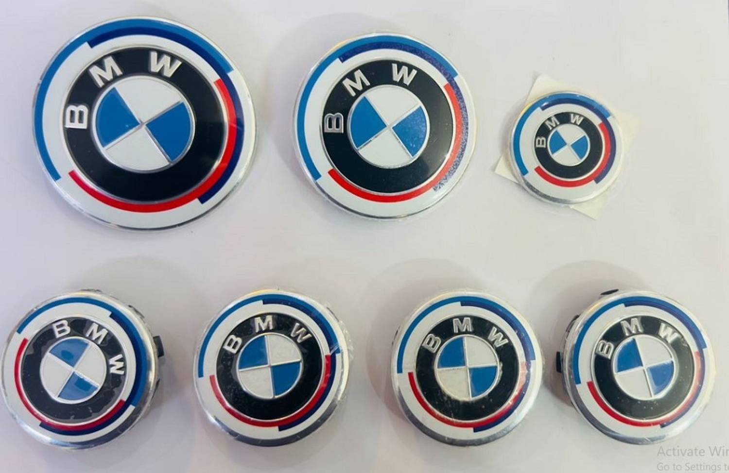 Auto MT White BLUE 7pc B.M.W Logo 50th Anniversary Edition Emblem Wheel Steering Car Flywheel