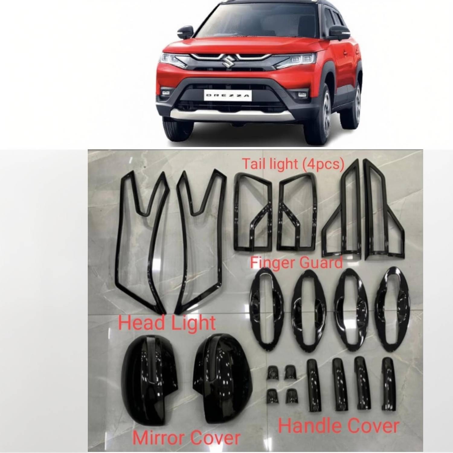 AutoBlinq Piano Black Glossy Combo Kit Exterior Garnish Accessories for New Brezza 2022 Glossy Maruti Vitara Brezza ZDi, Vitara Brezza VXI Petrol, Vitara Brezza LDi Side Garnish