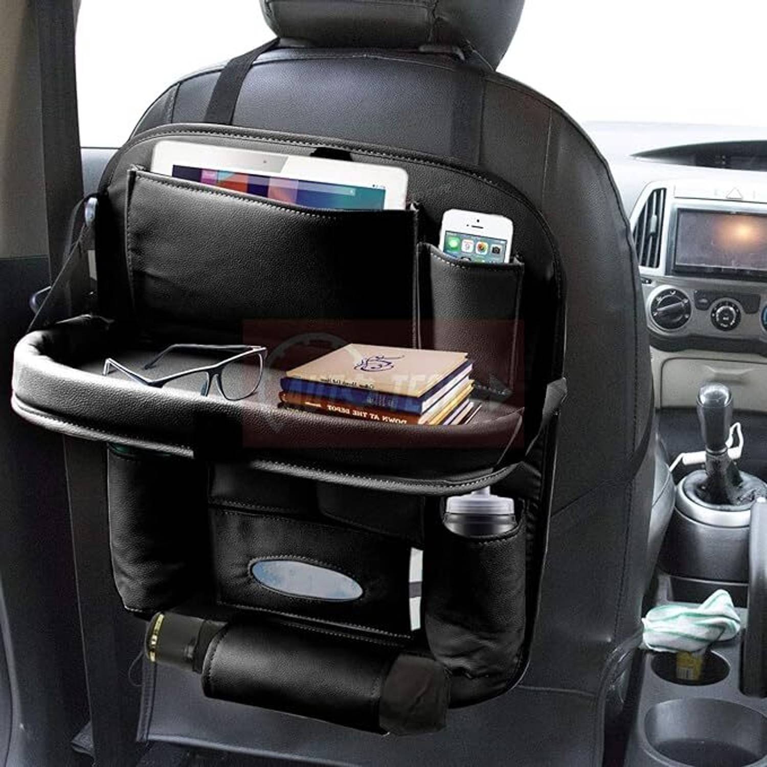 Alisan PU Leather Seat Back Organizer Multi Pocket with Tray Travel Storage Bag (Black) Car Storage Bag