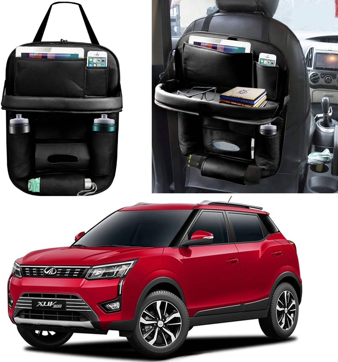 Alisan PU Leather Car Back Seat Organizer with Tray For Mahindra XUV-300 Car Storage Bag & Bin