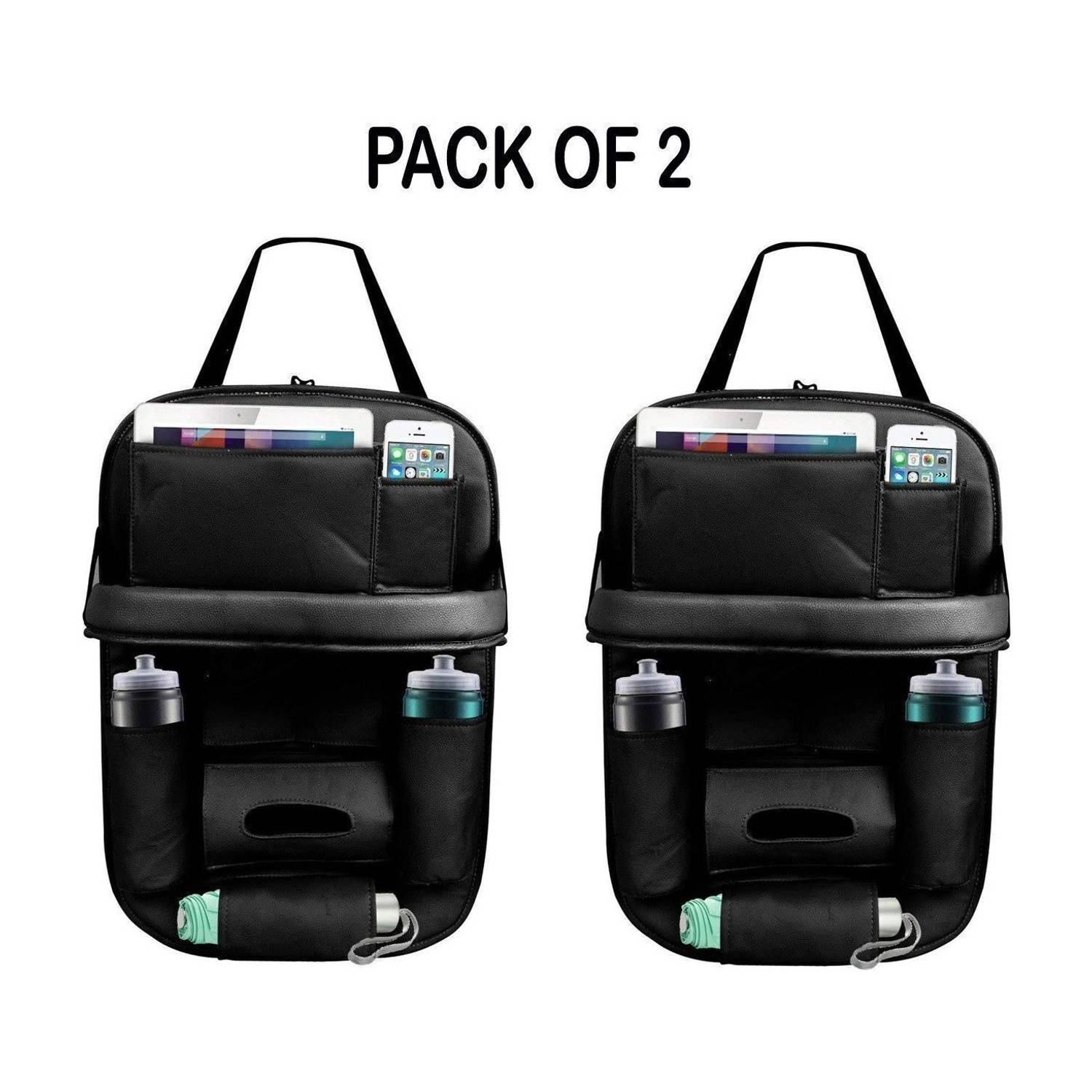 Alisan PU Leather Seat Back Organizer Multi Pocket with Tray (Black) -Pack of 2 Car Storage Bag & Bin