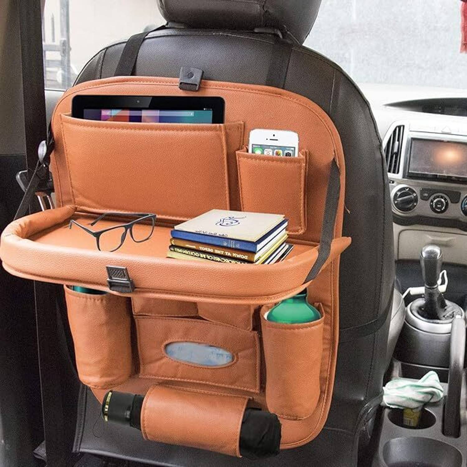 Alisan PU Leather Car Seat Back Organizer Multi Pocket with Tray (Orange) Car Storage Bag