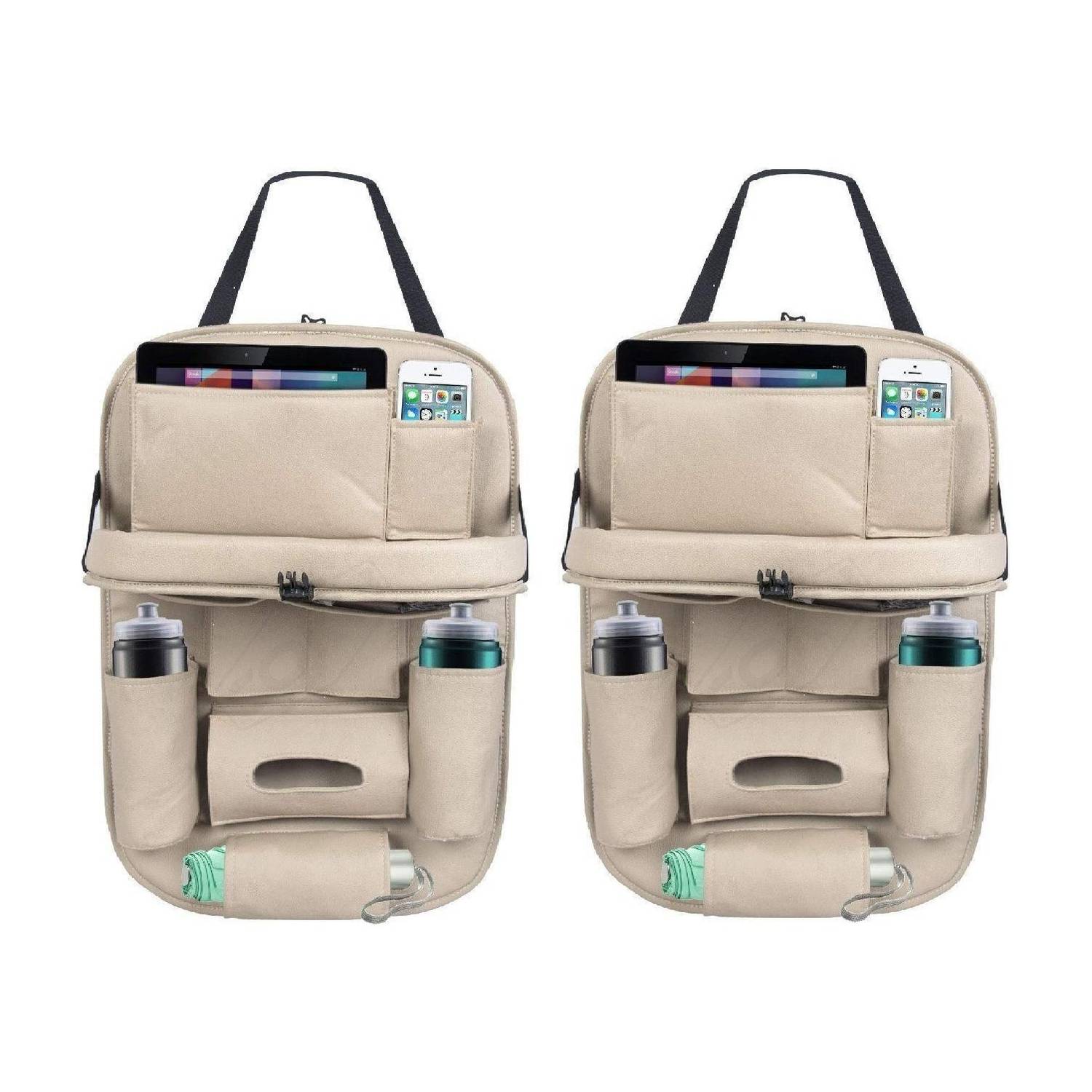 Alisan PU Leather Seat Back Organizer Multi Pocket with Tray (Beige) Pack of 2 Car Storage Bag & Bin