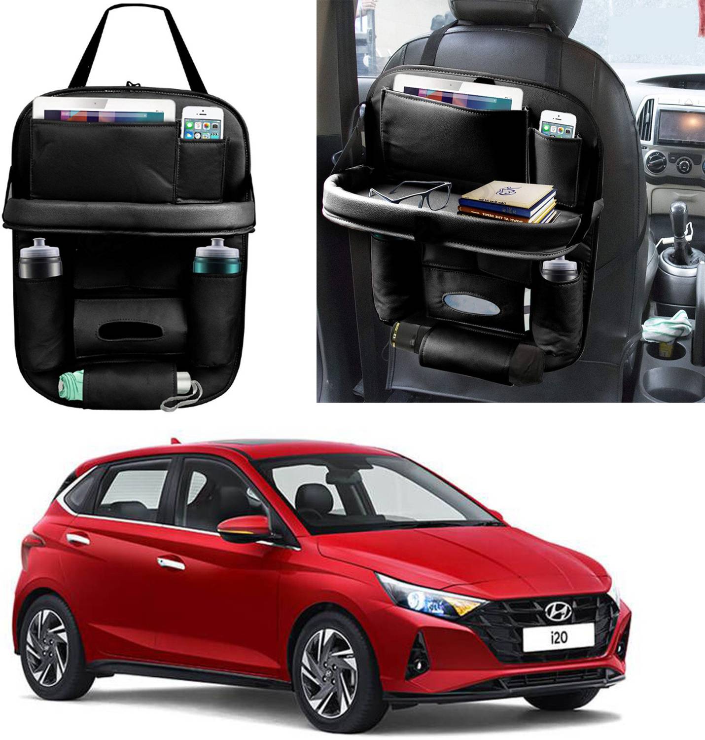 Alisan PU Leather Car Back Seat Organizer with Tray For Hyundai New I20 Car Storage Bag & Bin