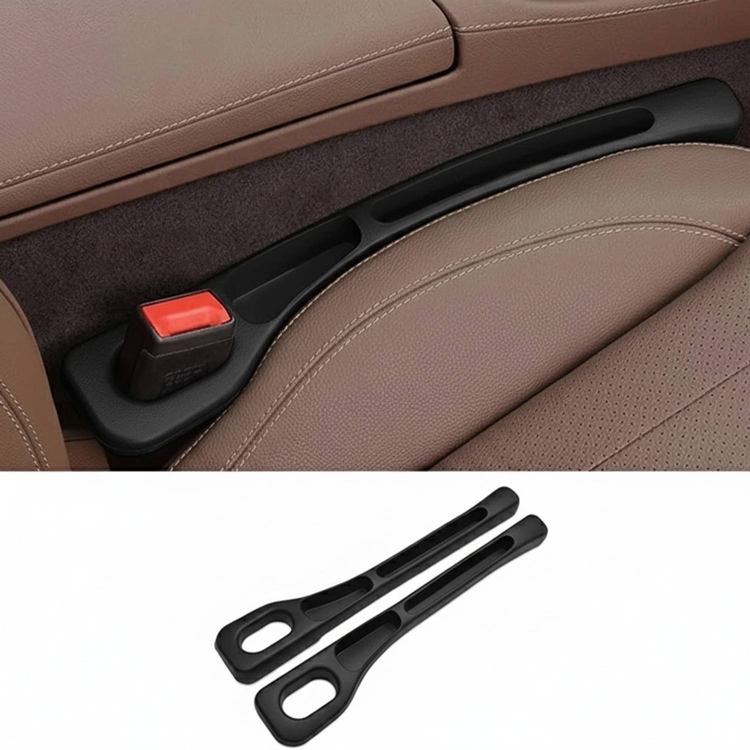 AutoBizarre 2 Pc Black Car Seat & Center Console Gap Filler with Mobile,Card/Key Holder Car Side Seat Catcher