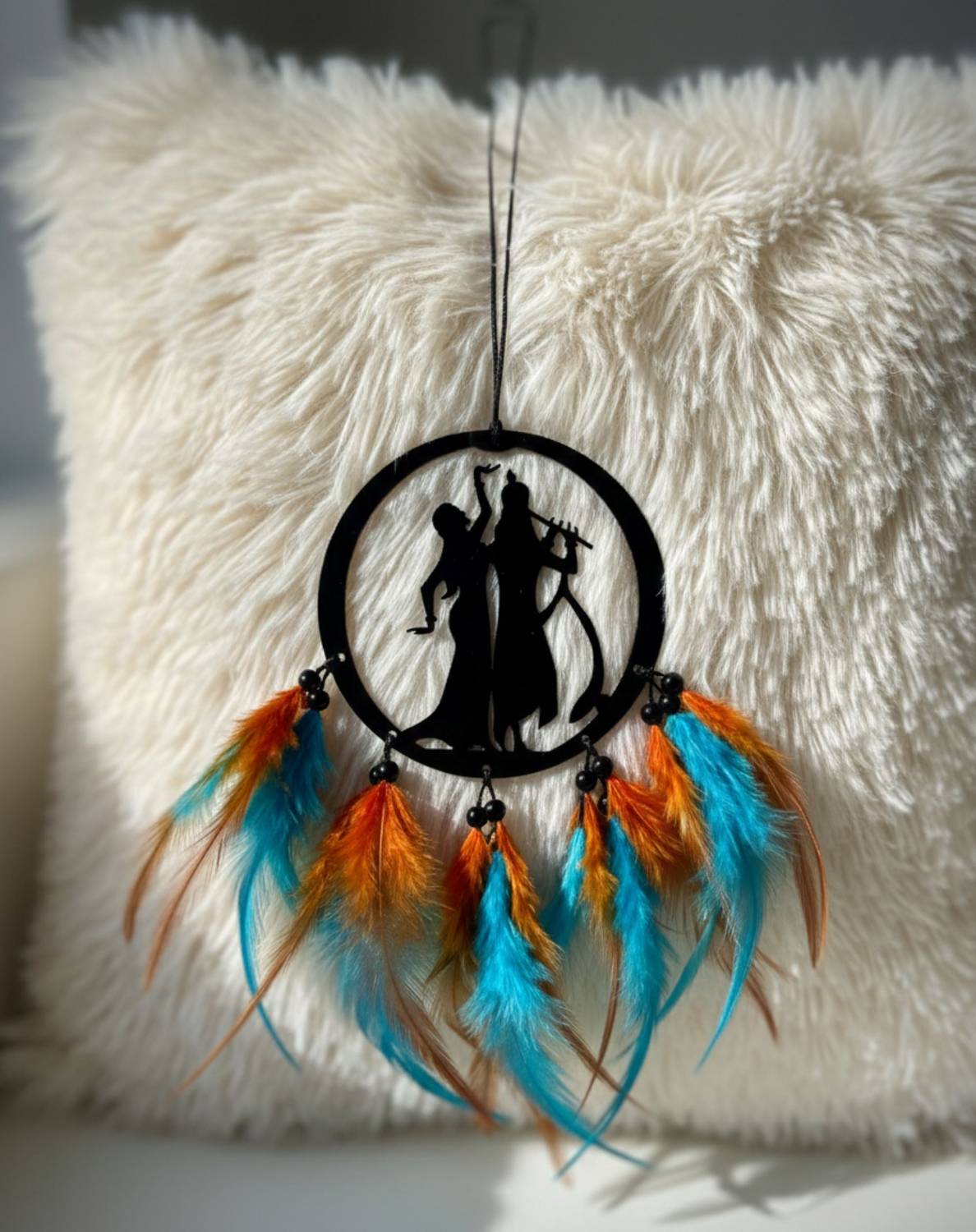 Sanveyance Car Rear View Mirror Hanging Dream Catcher Radha Krishna Feather Car Dashboard34 Car Hanging Ornament