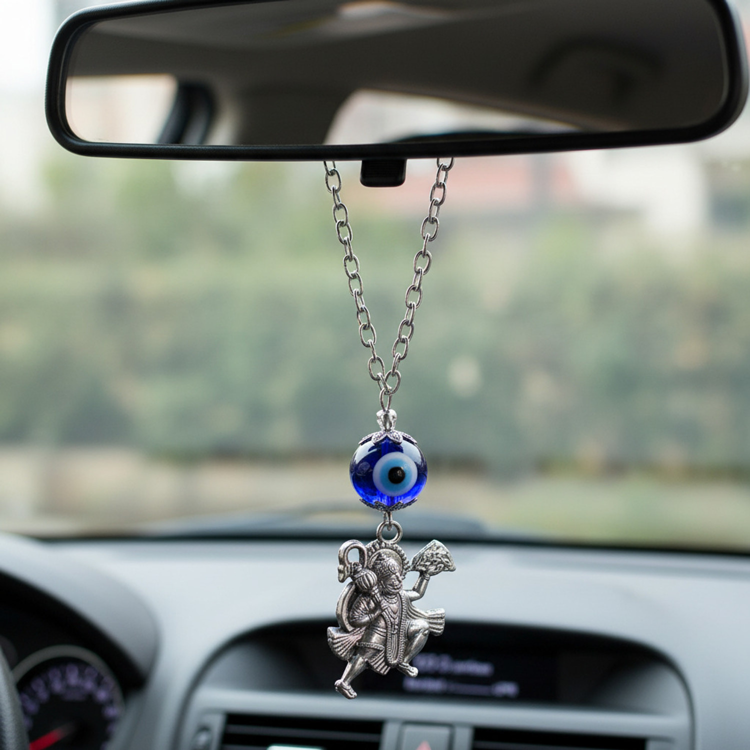 Image of AFH Blue Evil Eye of Protection Flying Hanuman Silver Car Hanging Charm spiritual Hanging Ornament Car Hanging Ornament