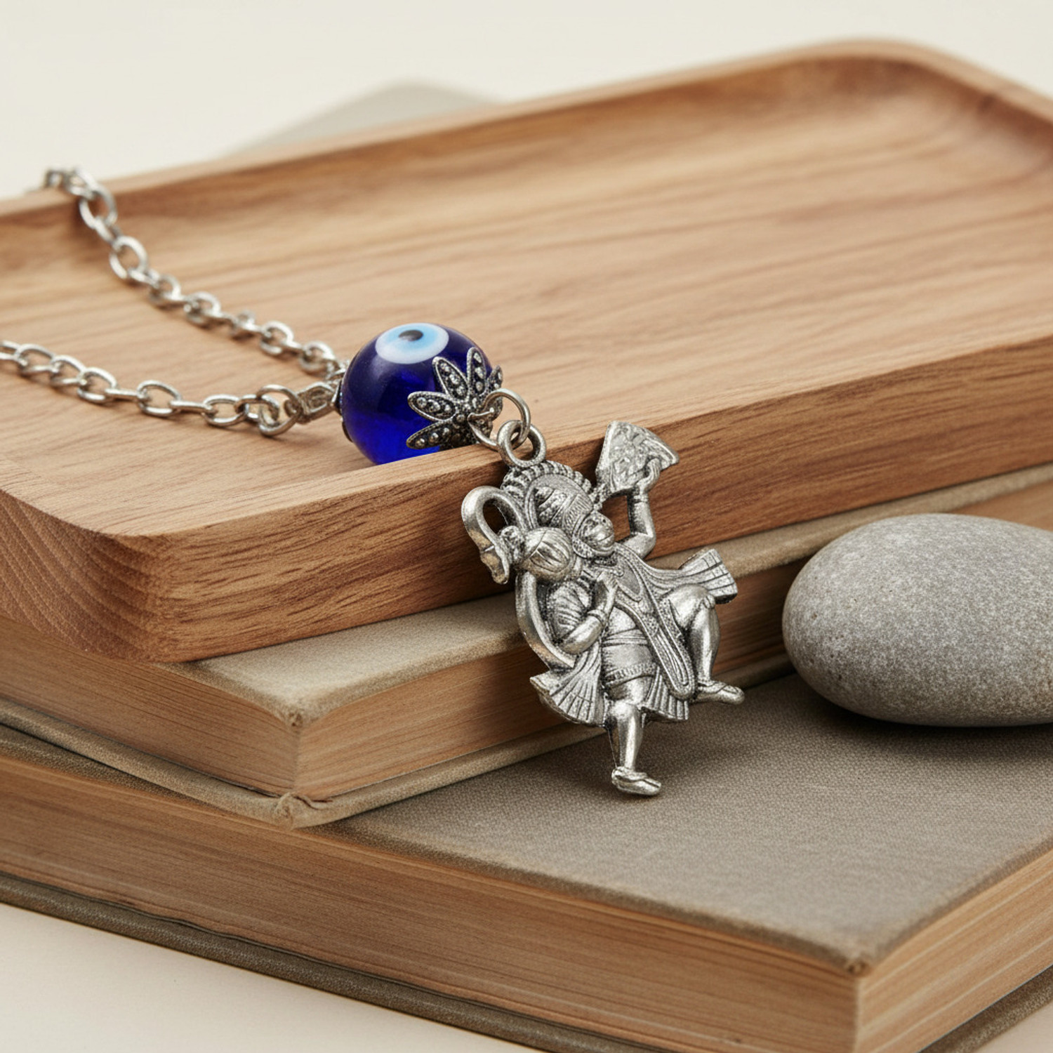 Image of AFH Blue Evil Eye of Protection Flying Hanuman Silver Car Hanging Charm spiritual Hanging Ornament Car Hanging Ornament