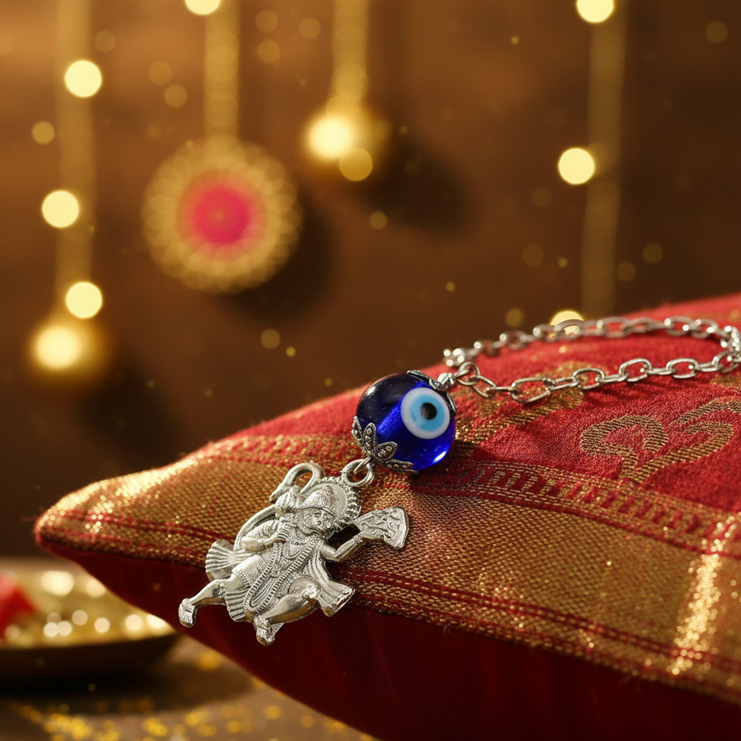 Image of AFH Blue Evil Eye of Protection Flying Hanuman Silver Car Hanging Charm spiritual Hanging Ornament Car Hanging Ornament