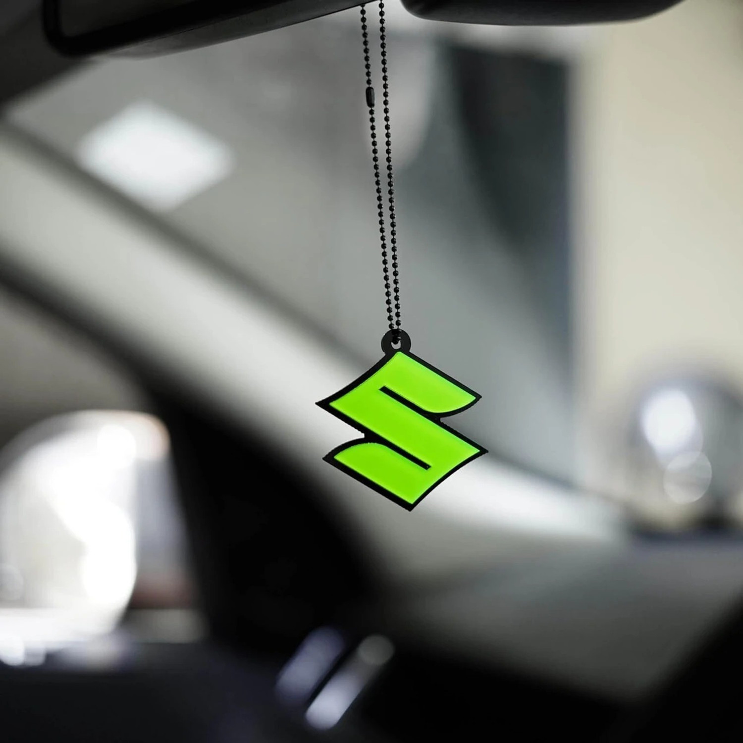 Image of MYZAH Premium Suzuki 3D logo Green fluorescent car Mirror Hanging with metal chain Car Hanging Ornament (Pack of 1)