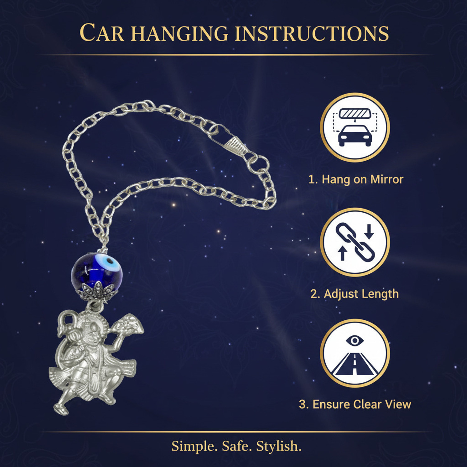 Image of AFH Blue Evil Eye of Protection Flying Hanuman Silver Car Hanging Charm spiritual Hanging Ornament Car Hanging Ornament