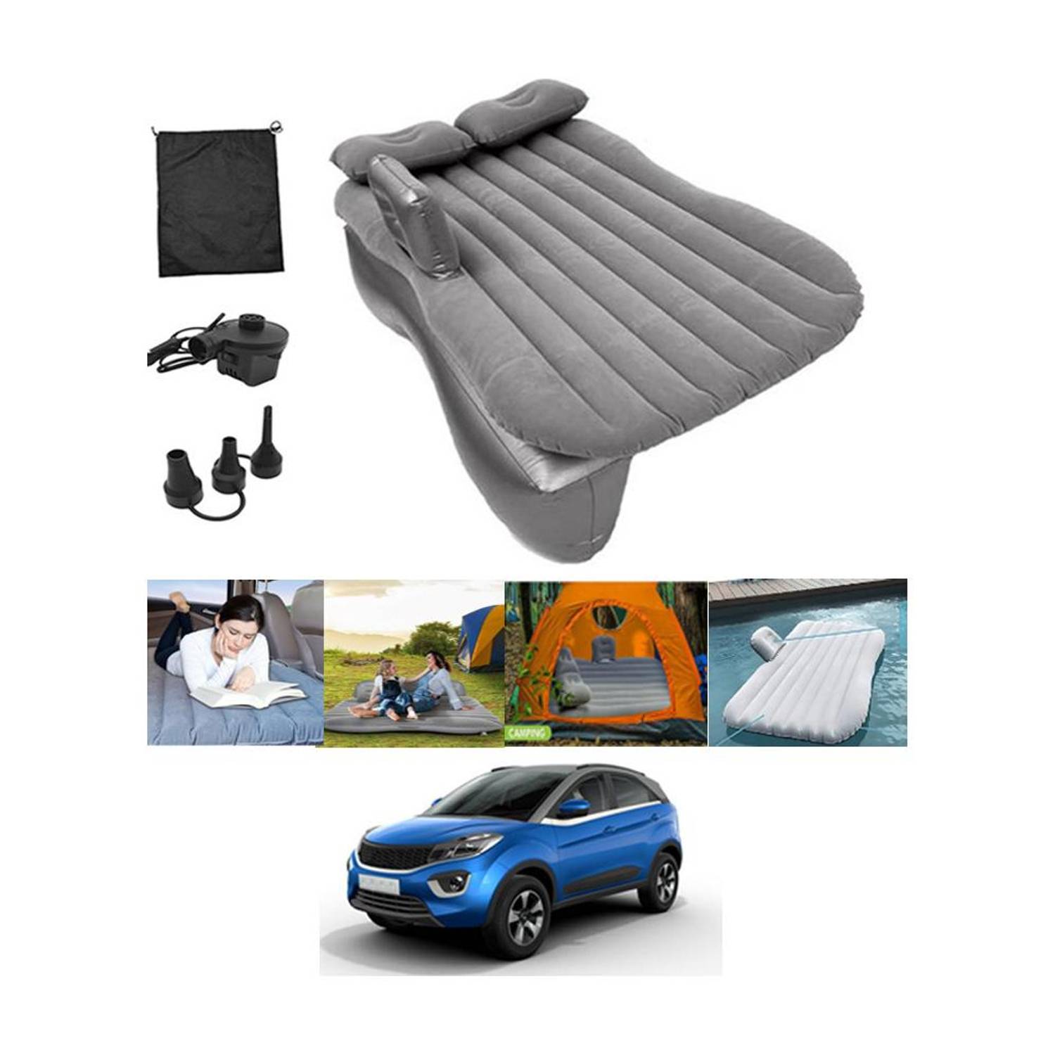 ABJD Silver Inflatable Car Travel Bed/Two Pillows/Pump For Nexon Tata 2016 Multifunctional Car Inflatable Bed Mattress For(Car Travel,Camping,Swimming) Car Inflatable Bed