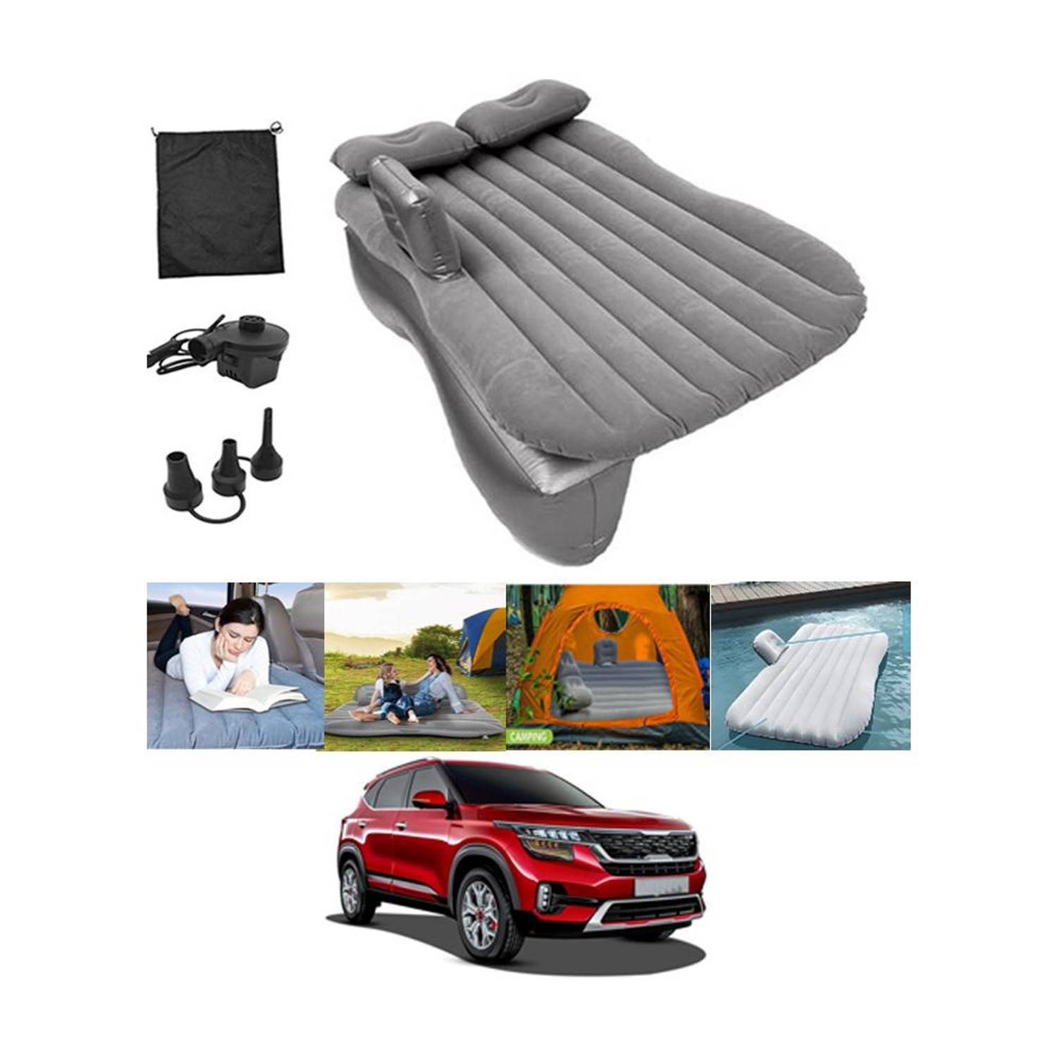 ABJD Inflatable Silver Car Travel Bed/Two Pillows/Pump For Seltos Kia 2019 (Car Travel,Camping,Swimming)Multifunctional Car Inflatable Bed Mattress Car Inflatable Bed