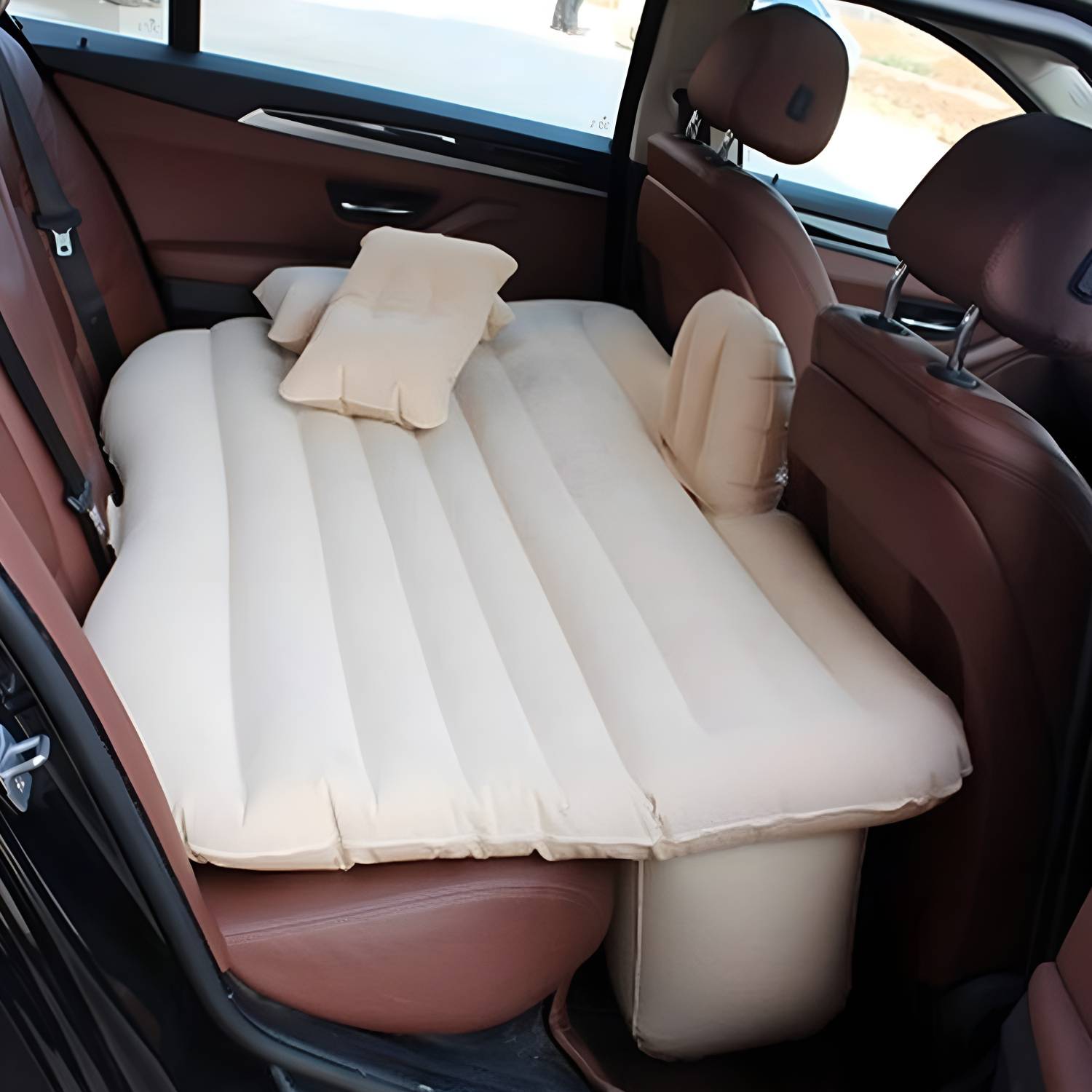 ALLEXTREME HCUCMC1 Multifunctional Inflatable Car Bed Mattres Universal Car BackSeat Travel Air Inflation with Two Air Pillows, Car Air Pump and Repair Kit (Cream) Car Inflatable Bed