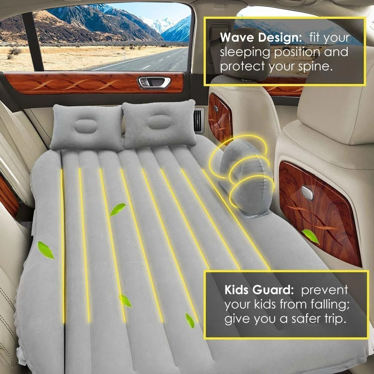 Image of vaydhi enterprise 4155 Inflatable Car Bed Mattress with Two Air Pillows, Car Inflatable Bed