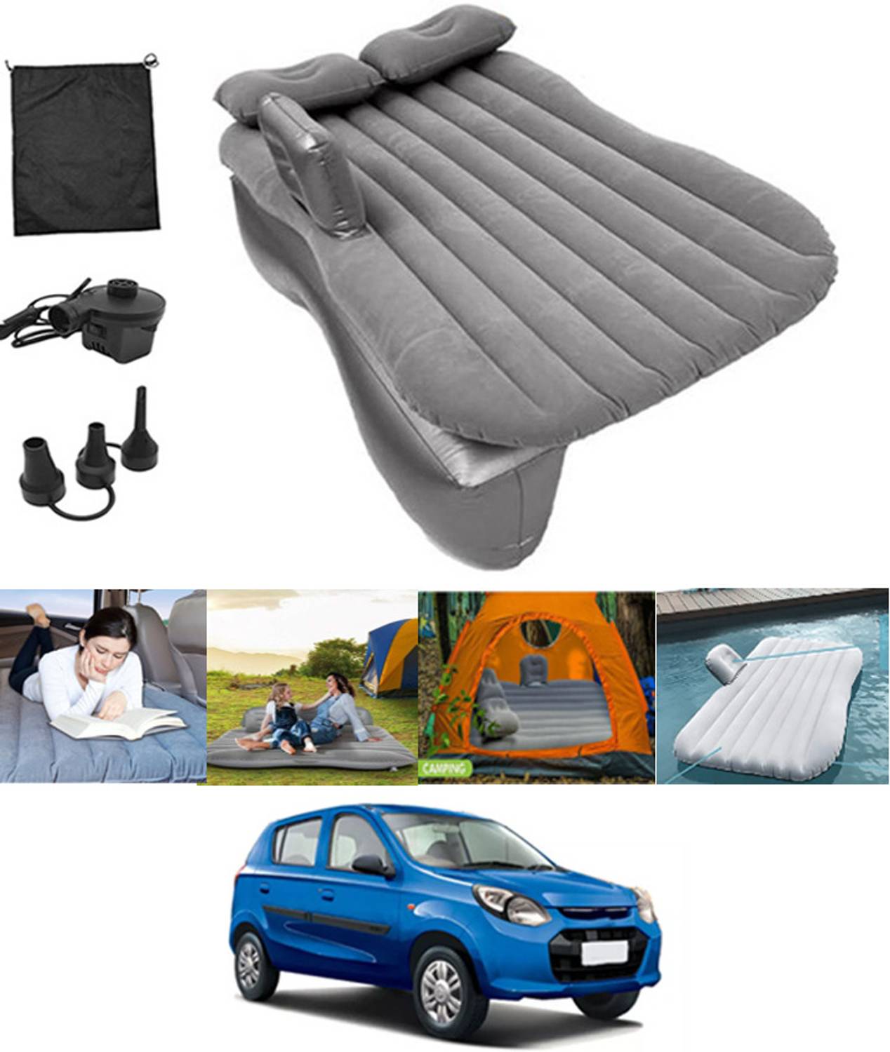 ABJD Silver Inflatable Car Travel Bed/Two Pillows/Pump For Alto 800 Suzuki 2012 Multifunctional Car Inflatable Bed Mattress For(Car Travel,Camping,Swimming) Car Inflatable Bed