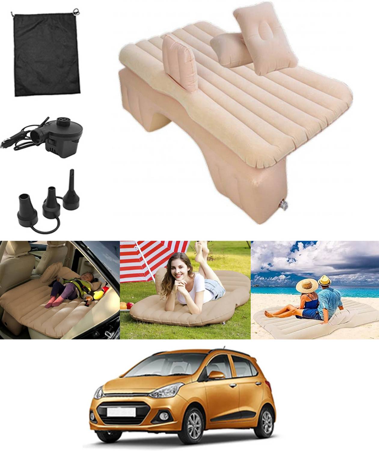 ABJD Beige Inflatable Car Inflatable Travel Bed/Two Pillows/Pump and Repair Kit-124 Multifunctional Car Inflatable Bed Mattress For(Car Travel,Camping,Swimming) Car Inflatable Bed