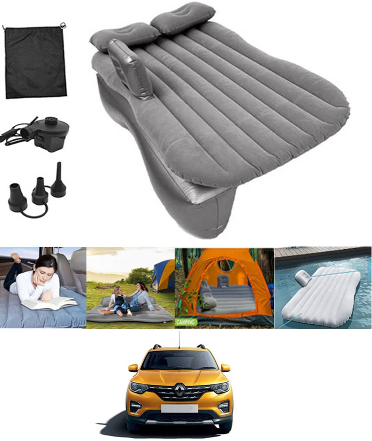 ABJD Silver Inflatable Car Travel Bed/Two Pillows/Pump For Tribber Renault 2024 Multifunctional Car Inflatable Bed Mattress For(Car Travel,Camping,Swimming) Car Inflatable Bed