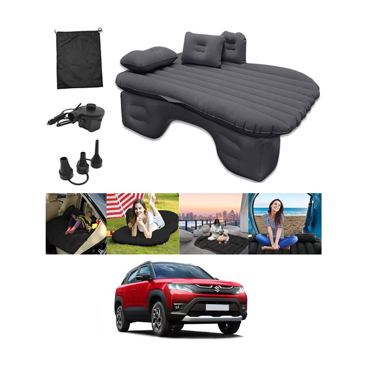 ABJD Black Inflatable Car Bed Travel/Two Pillows/Pump For Brezza Maruti 2023 Premium Finish & Waterproof Car Inflatable Bed