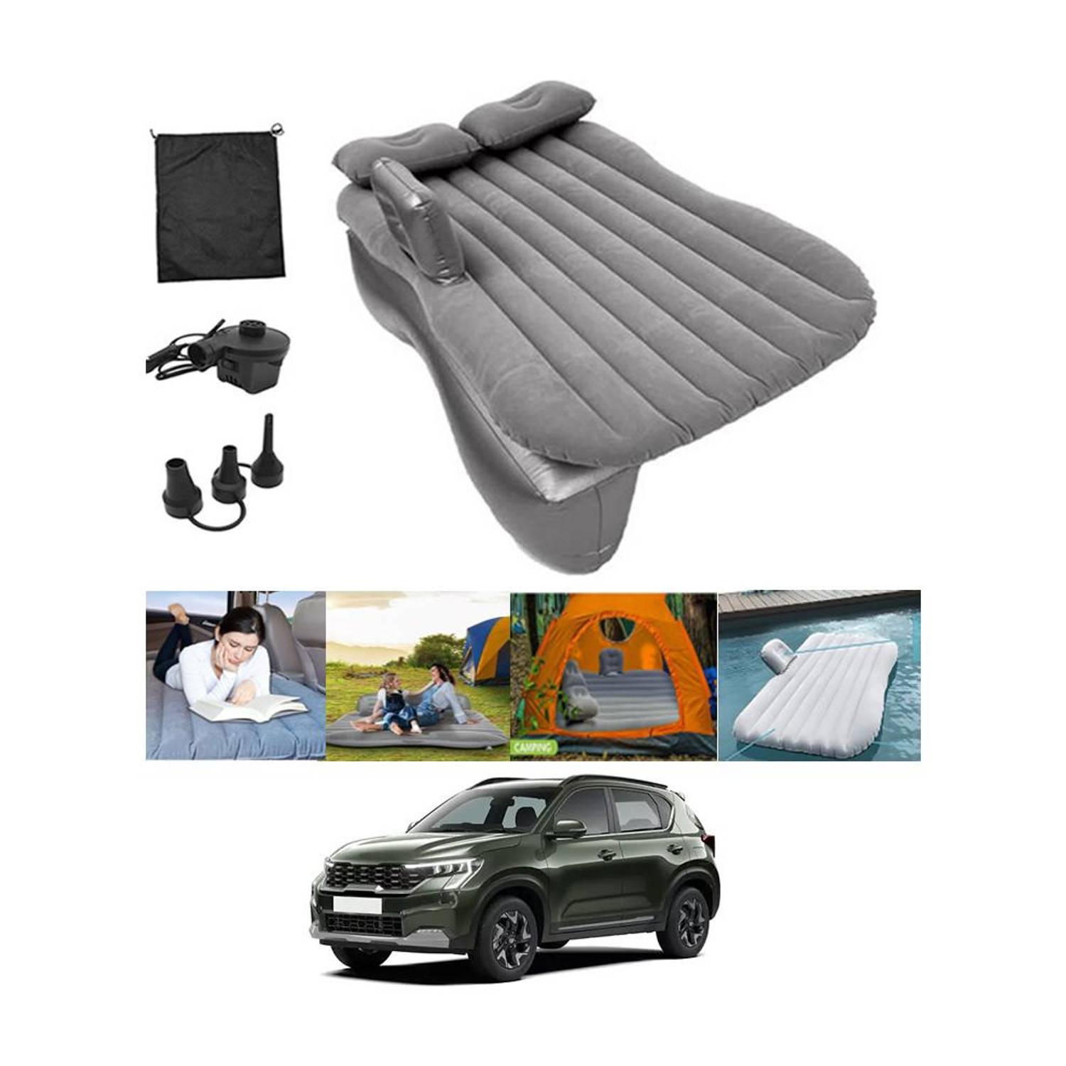 ABJD Silver Inflatable Car Travel Bed/Two Pillows/Pump For Sonet Kia 2024 Multifunctional Car Inflatable Bed Mattress For(Car Travel,Camping,Swimming) Car Inflatable Bed