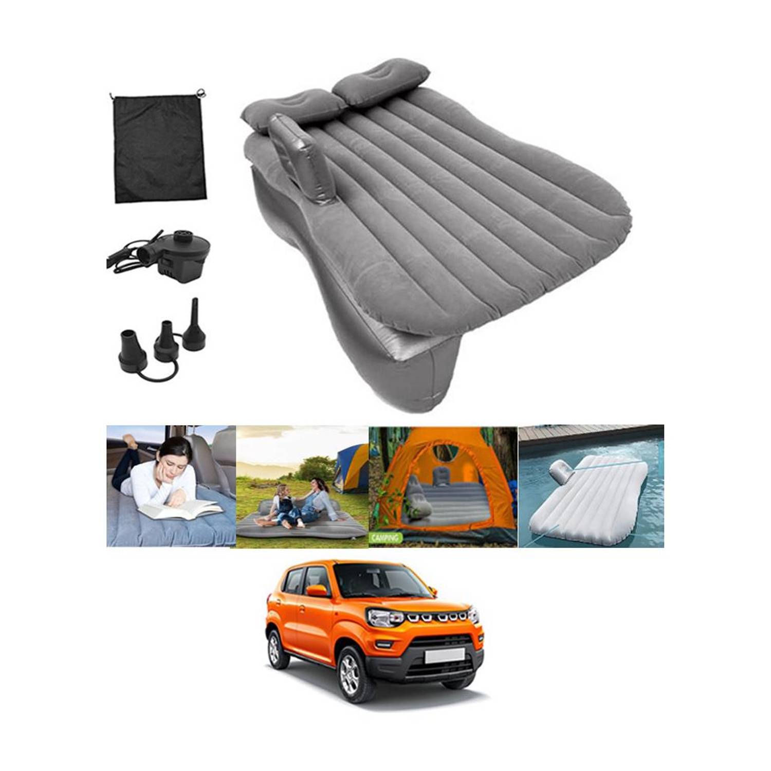 ABJD Silver Inflatable Car Travel Bed/Two Pillows/Pump For Spresso Suzuki 2019 Multifunctional Car Inflatable Bed Mattress For(Car Travel,Camping,Swimming) Car Inflatable Bed