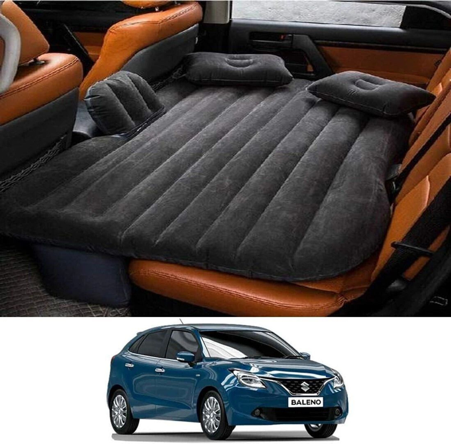 Image of AYW Inflatablebed-Black-Baleno Black Car Bed Mattress for Rest,Travel, Car Back Seat Air Inflation Bed Universal Air Couch with Two Air Pillows, Car Air Pump and 1 Repair Kit For Baleno Universal For All Models Car Inflatable Bed