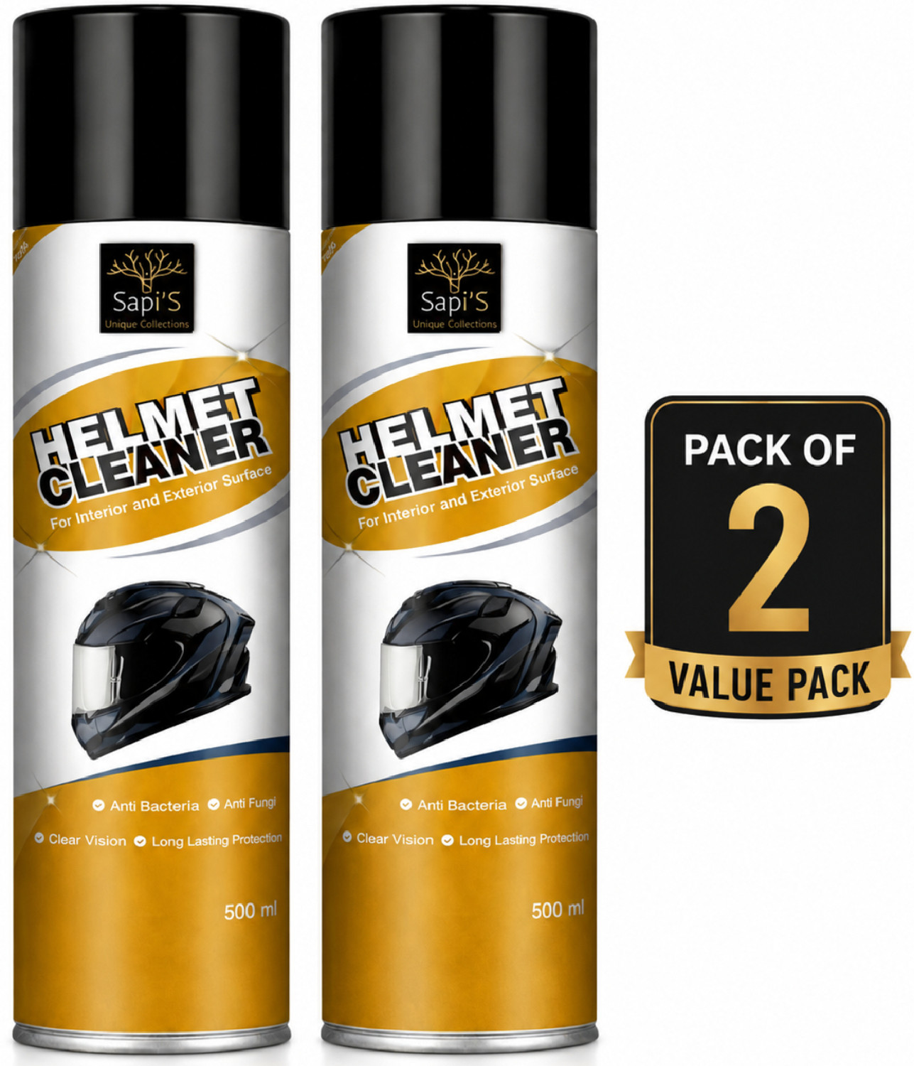 Image of SAPI'S Helmet Cleaning Interior and Exterior Helmet Cleaner Spray, 500 ml Pack of 2 Vehicle Interior Cleaner