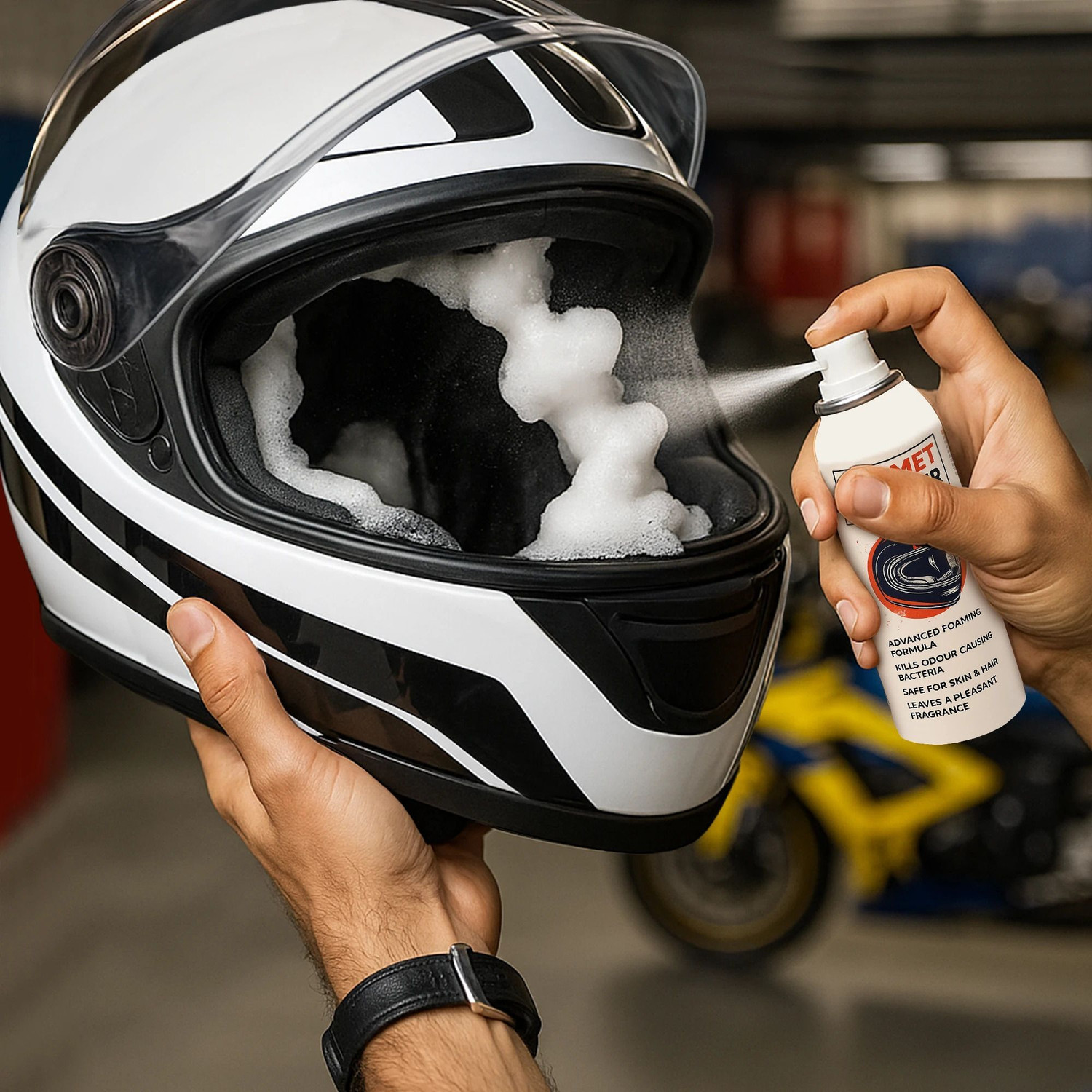 Image of ShineXPro Anti-Bacterial Foaming Helmet Cleaning Spray - Helmet Cleaner & Microfiber Cloth - Deep Clean, Safe for Hair & Skin, Freshens Vehicle Interior Cleaner