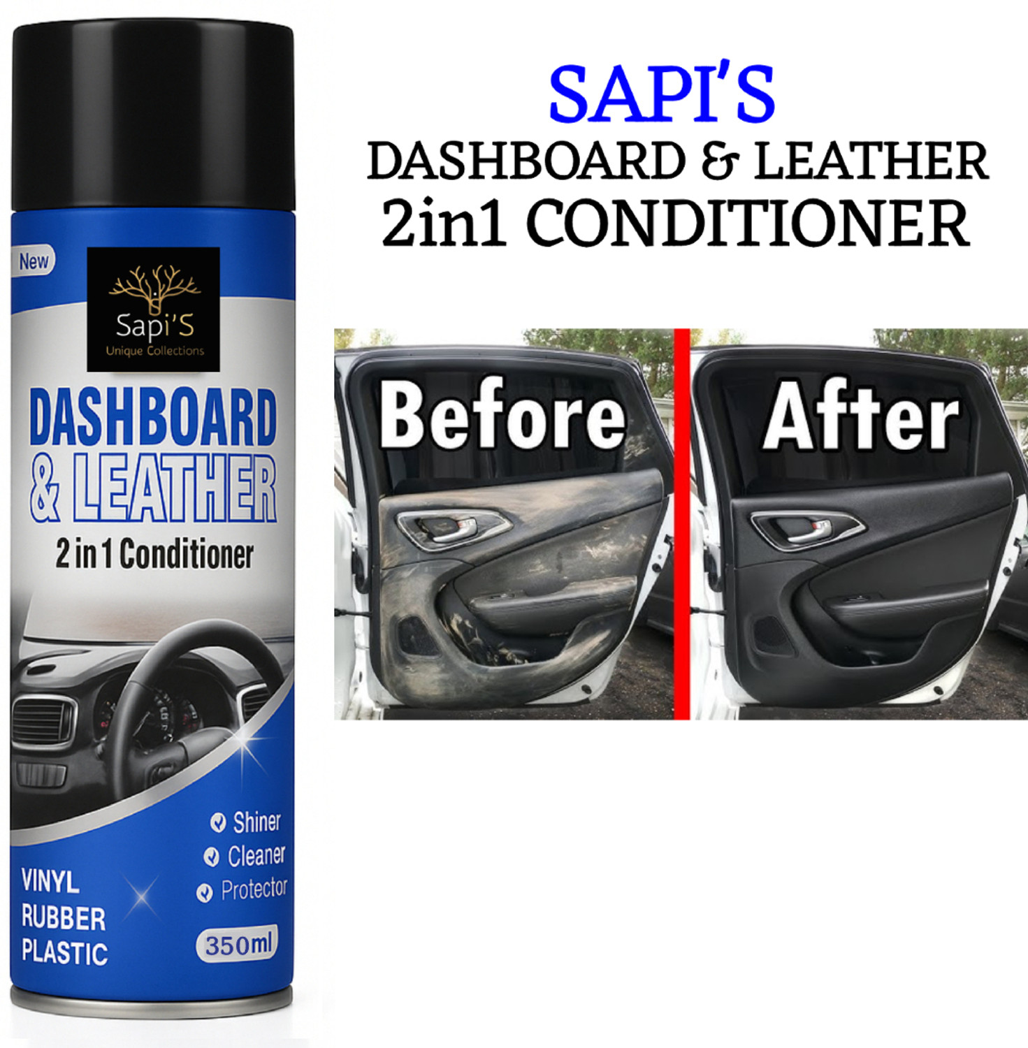 Image of SAPI'S Dashboard & Leather 2in1 Cleaner & protector Dashboard & Leather 2in1 conditioner, Foam cleaner 350 ml Vehicle Interior Cleaner