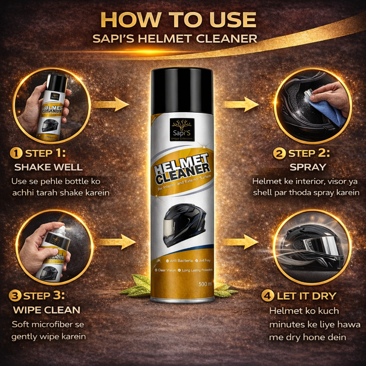 Image of SAPI'S Helmet Cleaning Interior and Exterior Helmet Cleaner Spray, 500 ml Pack of 2 Vehicle Interior Cleaner