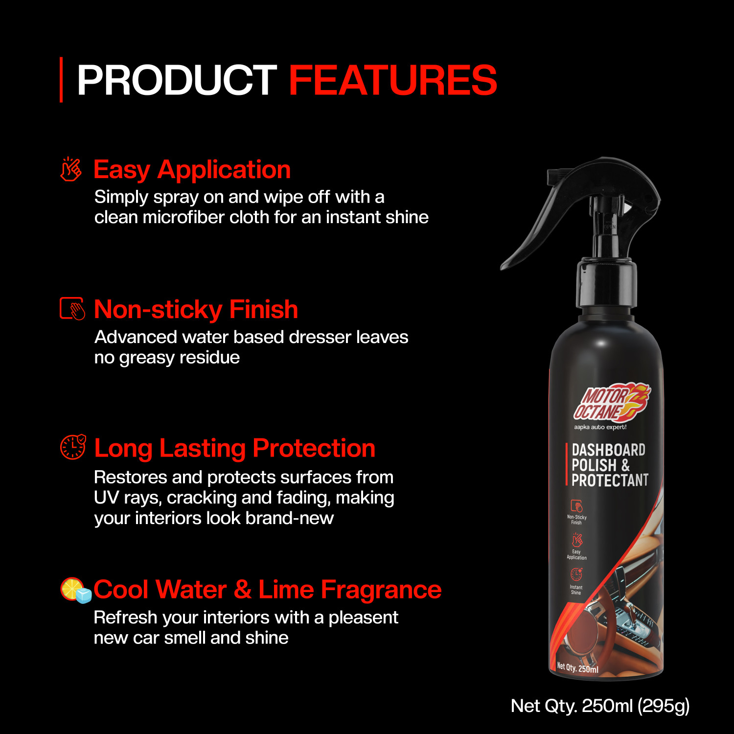 Image of MOTOROCTANE Car Dashboard Polish & Protectant Car Polish for Interior Plastic, Vinyl & Leather Trims - Lime Fragrance Vehicle Interior Cleaner