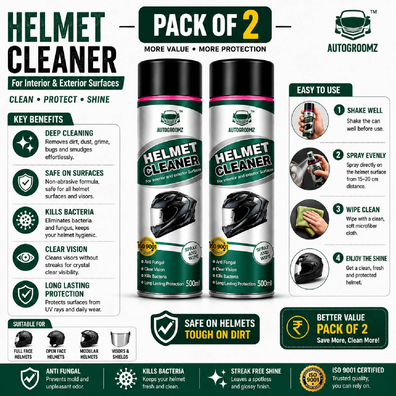 AUTOGROOMZ Anti-Fungal, Clear Vision Formula Helmet Cleaner Spray 500ml | Kills Bacteria, Removes Odor Vehicle Interior Cleaner