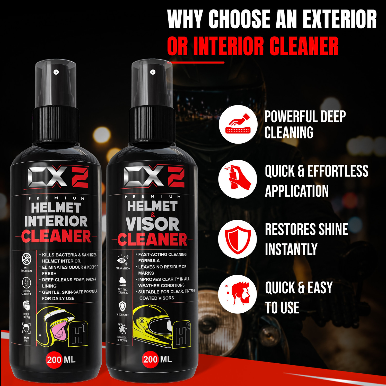 Image of CX2 Anti Bacterial Spray for H1 Helmet Interior and H2 Exterior Cleaner Kit Quick Dry Formula, Removes Sweat & Smell, Helmet Cleaning Liquid for Helmets Vehicle Interior Cleaner (400 ml)